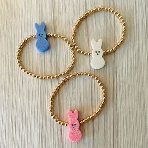 Gold Beaded elastic Bracelet set with Bunny Peep Charms for adult XS/kids